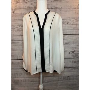 TAHARI Woman's Blouse Career Dress Shirt Black/White Long Sleeve Large